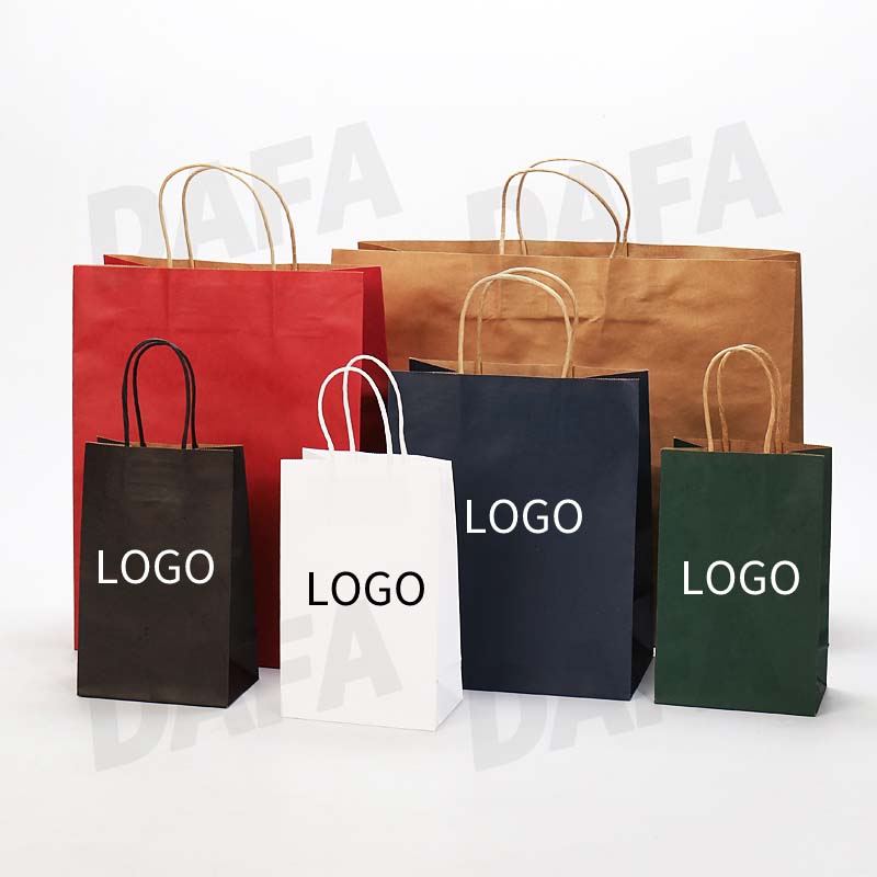 RECYCLED CUSTOM LOGO PRINTED BUSINESS SHOPPING BAGS, BROWN KRAFT PAPER PACKAGING BAG WITH HANDLES